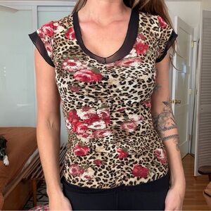 Karen Kane Vintage Mesh Leopard and Floral Ruched V-Neck Top